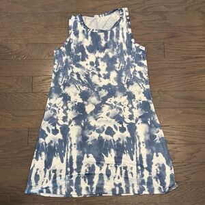 Blue White Tie Dye Sleeveless Shift Mini Dress Womens Size M Casual Boho Beach